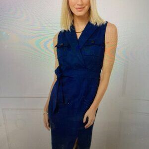 Stunning Irish Linen sleeveless navy shirtdress from Talbots XL